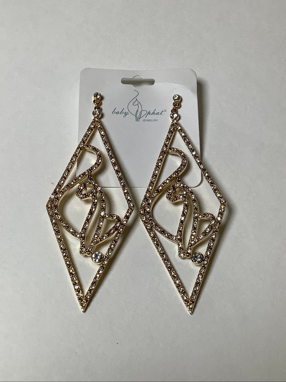 Baby Phat Gold-Tone Diamond-Shape Studded Cat Silhouette Dangle Earrings F14-25